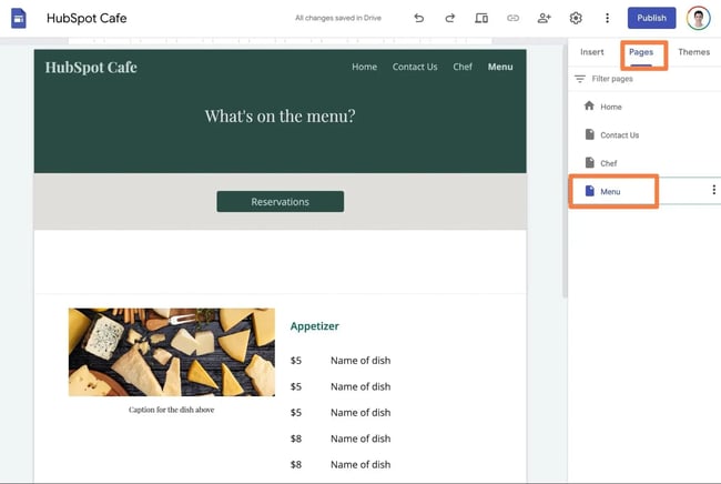 how to choose a different page in the google sites editor.